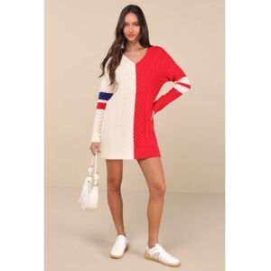 Bold Comfort Ivory and Red Color Block Cable Sweater Mini Dress Size M